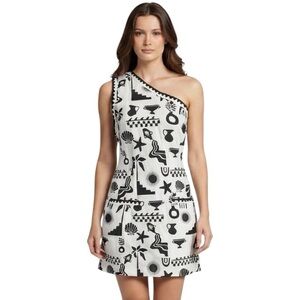 Commence White/Black One Shoulder Quirky Boho Graphic Abstract Shift Dress M